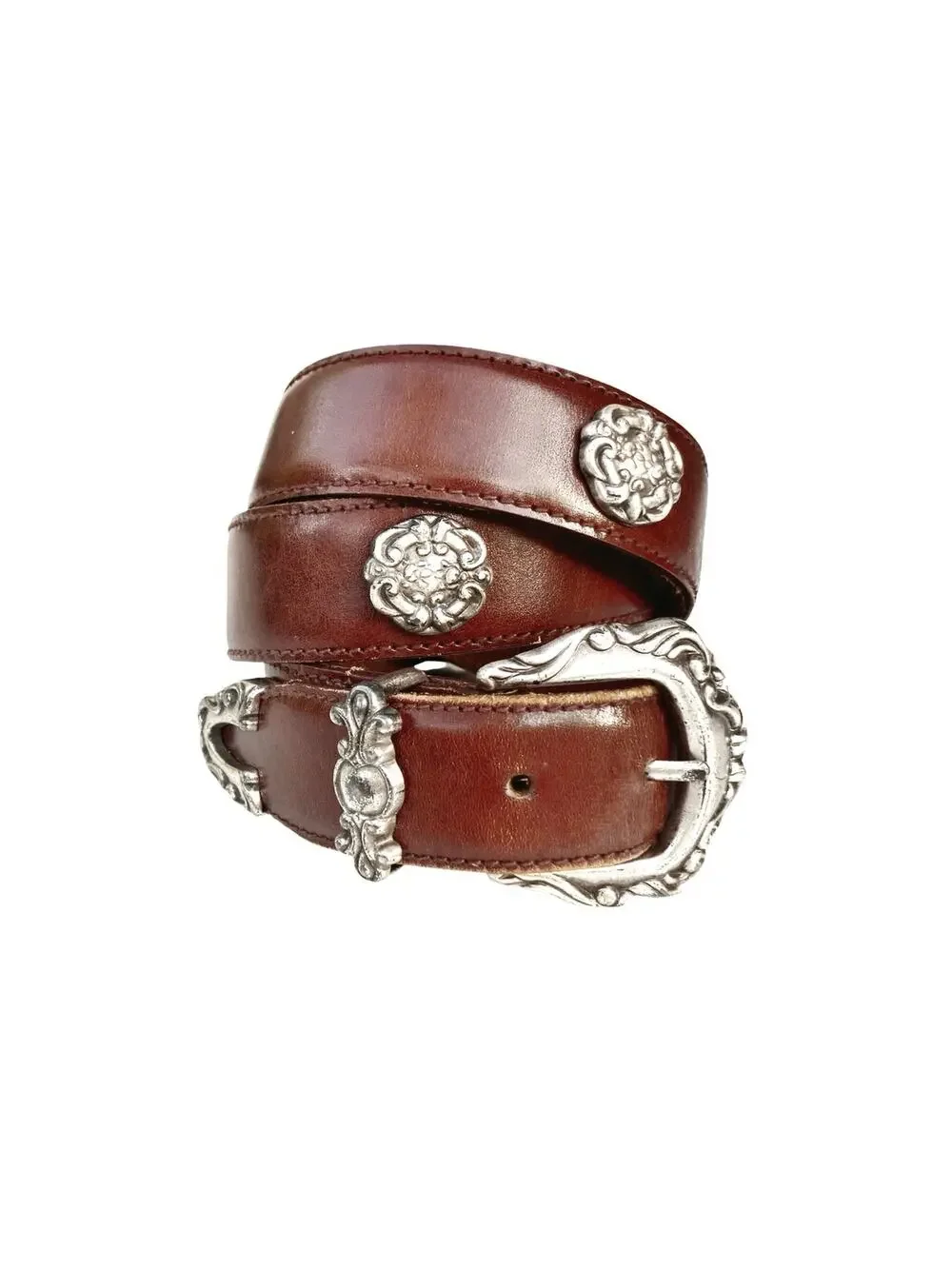 Vintage Fossil Cognac Leather Concho Belt Western Silver Floral Buckle Y2K Ranch